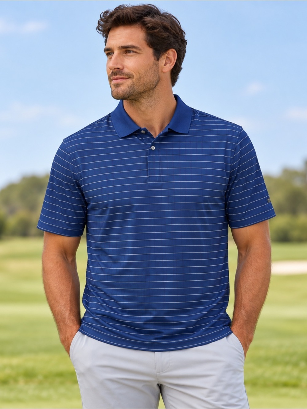 Tiger Woods Polo Shirt Mens Medium Blue Stripe Short Sleeve